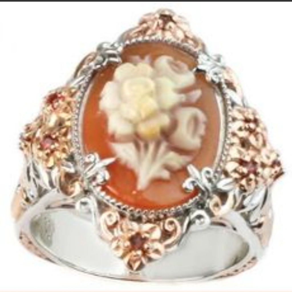 Genuine Handcarved Shell Orange Sapphire Cameo Palladium Sterling Sz 9 250$